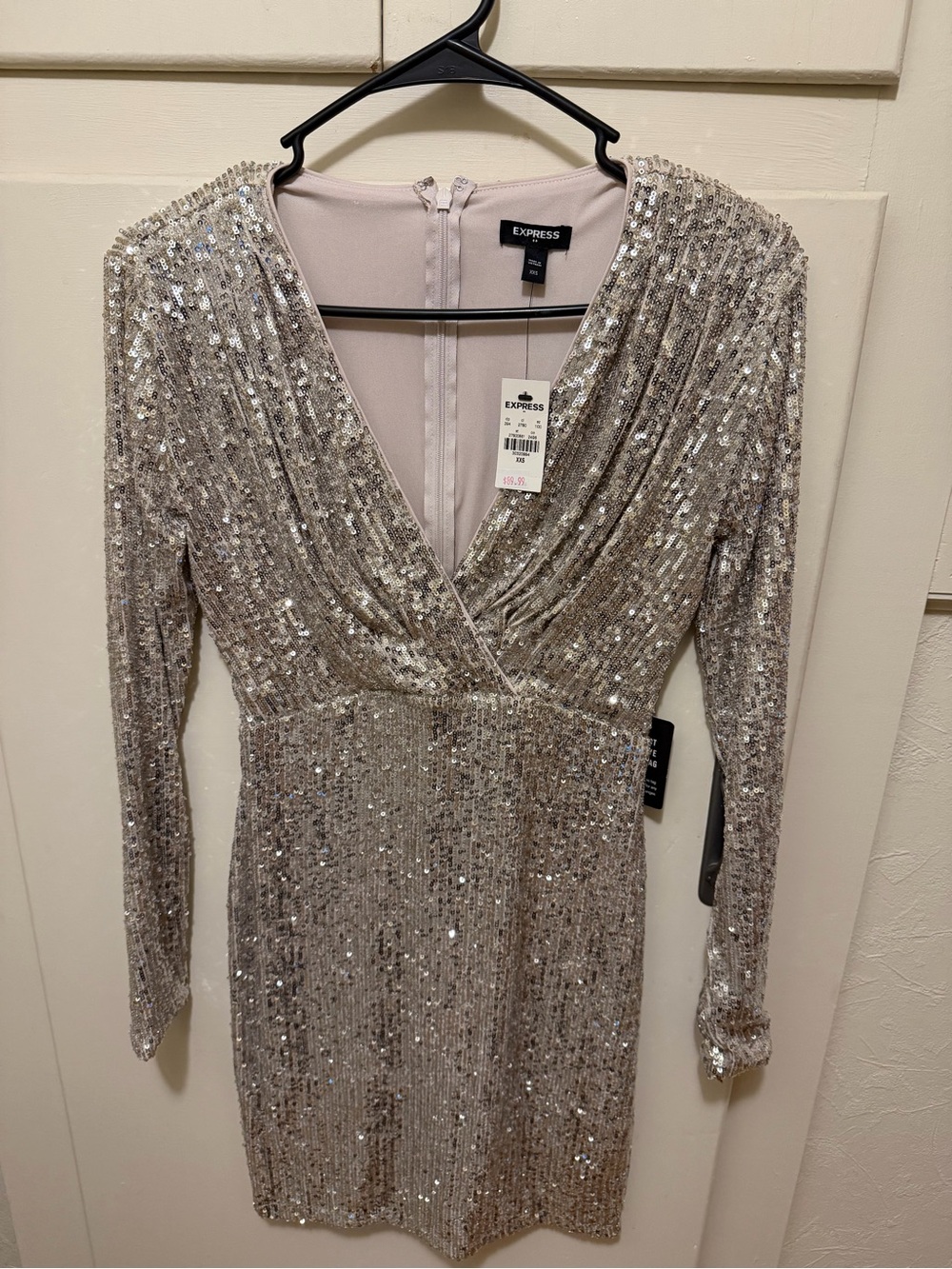 Express Silver Sequin Long-Sleeve V-Neck Mini Dress